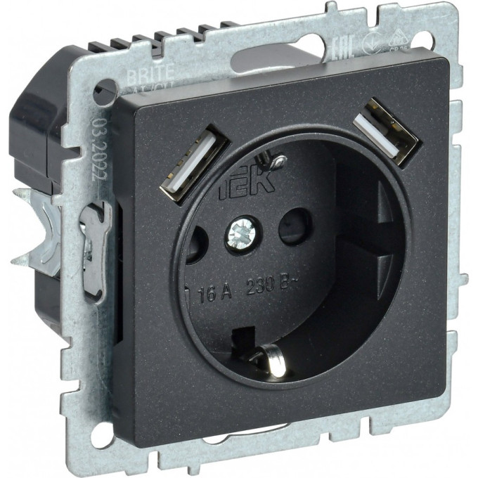 Розетка IEK BRITE РЮш10-2-БрЧ 16А с USB A+A 3,1А BR-R14-16-U21-D31-K02